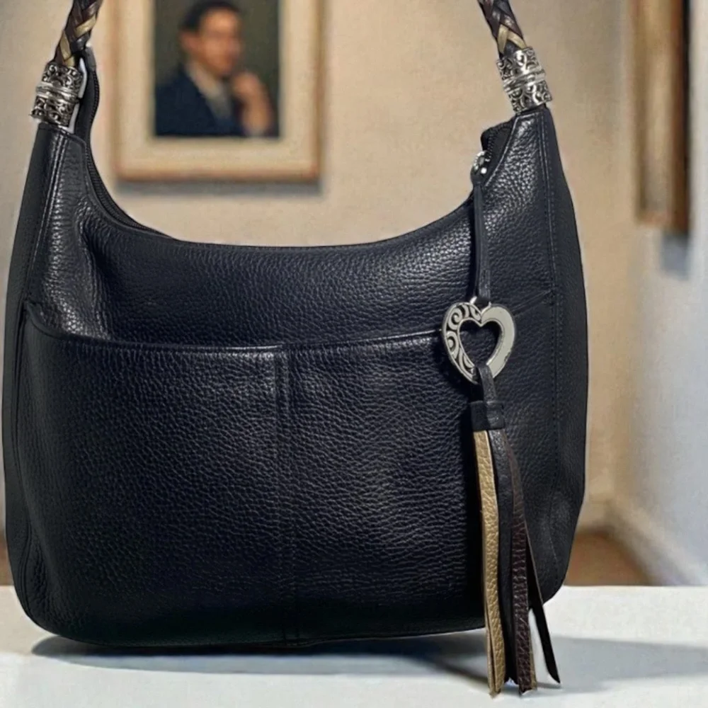 Brighton Black Pebbled Leather Hobo bag with braided leather straps 13.5x9